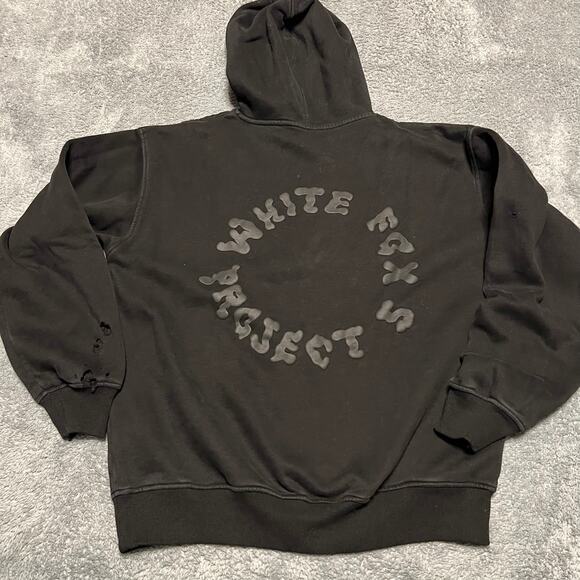 White Fox Project 5 Black Hoodie Mens Small Black on Black Logo Distressed - Picture 3 of 7